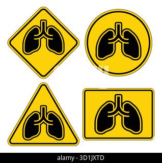A set of vivid yellow warning signs featuring lung symbols. These icons represent health awareness, respiratory safety, and environmental concerns, su Stock Vector