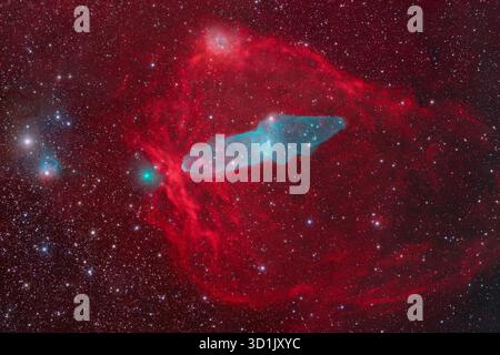 Deep sky wide field image reveals Comet C/2023 E1 Atlas with the Flying Bat and Squid Nebula. Image captured from the Dark Sky Alqueva Observatory in Cumeada, Portugal. Stock Photo