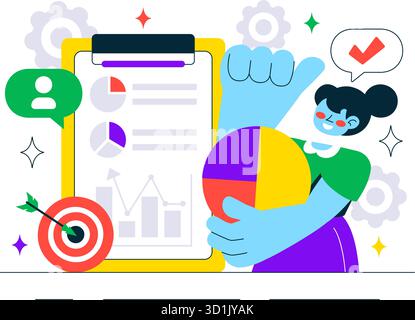 Data Analytics Dashboard Illustration Featuring Marketing Analytics With Performance Graphs, Conversion Metrics, And Charts In A Flat Background Stock Vector