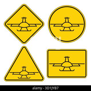 Four vivid warning signs displaying aerial drone icons in various shapes. These illustrations highlight safety measures related to unmanned aerial veh Stock Vector