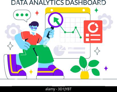 Data Analytics Dashboard Illustration Featuring Marketing Analytics With Performance Graphs, Conversion Metrics, And Charts In A Flat Background Stock Vector