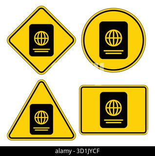 This image features a collection of passport icons in various geometric shapes, set against a bright yellow background. Ideal for travel-related proje Stock Vector