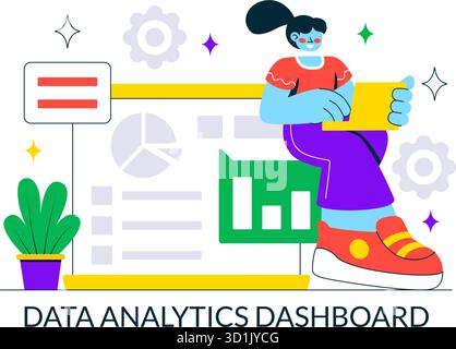 Data Analytics Dashboard Illustration Featuring Marketing Analytics With Performance Graphs, Conversion Metrics, And Charts In A Flat Background Stock Vector