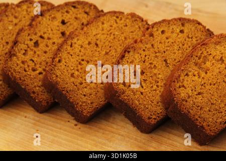 Fresh Homemade Pumpkin Bread Sliced on Wooden Cutting Board Stock Photo