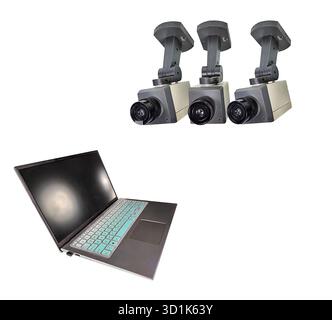 Computer security shown by several security cameras focused on a computer which holds lots of computing power Stock Photo