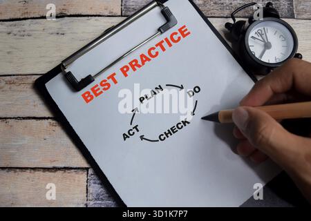Concept of best practice with keywords write on clipboard isolated on Wooden Table. Stock Photo