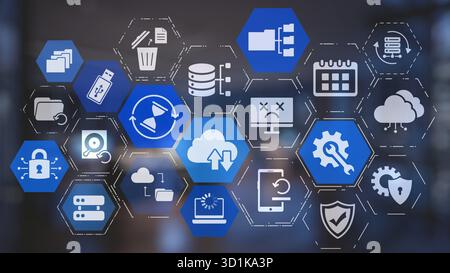 Cloud backup system connects devices through a secure data backup network. Data backup ensures protection, data backup reliability, and recovery. Gist Stock Photo