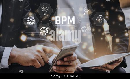 Business Process Management concept showing workflow analysis, process optimization, team collaboration, automation, and performance improvement Stock Photo