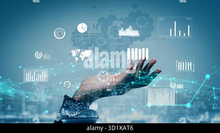 A futuristic concept illustrating a hand reaching out towards floating data visualizations and graphs, signifying the importance of digital Stock Photo