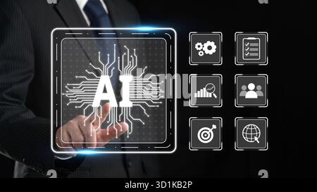 A professional businessman engages with a digital interface showcasing generative AI technology, emphasizing the integration of artificial Stock Photo