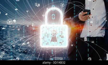 This image illustrates the concept of digital security with a glowing lock symbol amidst data connections, reflecting the importance of safeguarding Stock Photo