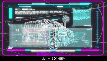 Displaying 3D wireframe van scanning in digital scan station with grid overlays, neon cyan border Stock Photo