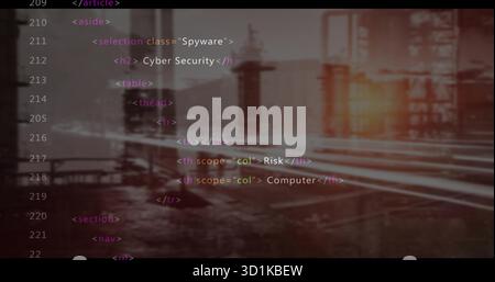 Displaying HTML code overlay blending industrial plant backdrop, with code tags and table elements Stock Photo