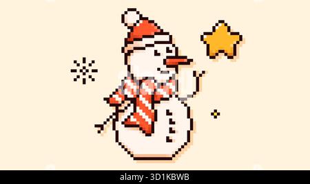 Pixel art Christmas snowman in a colorful scarf and Santa Claus hat with a yellow star and snowflakes. Stock Vector