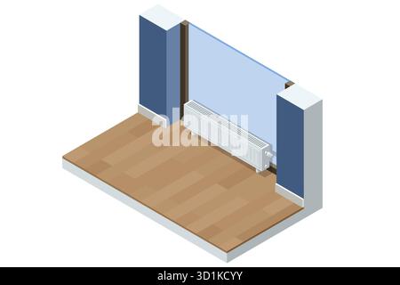 Isometric interior with modern radiator heater under window. Concept of home heating, warmth, and energy-efficient temperature system. Stock Vector