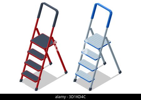 Isometric metal step ladders in red and blue colors. Concept of home repair, maintenance, construction, and DIY equipment. Stock Vector