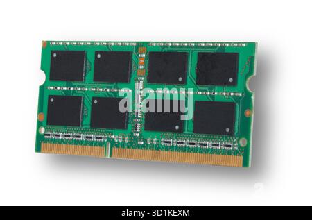 Shadow behind and slightly below a small ram card that will improve memory capacity in a laptop isolated on a white background. Stock Photo