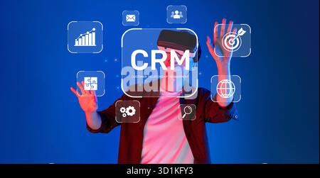 A captivating virtual reality setting showcasing customer relationship management concepts, featuring engaging data visualization and interactive Stock Photo