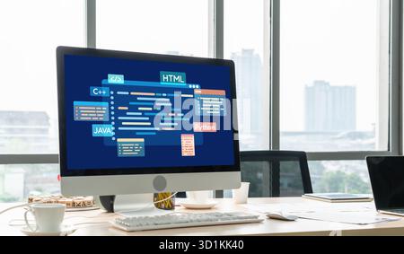 Software development or programming work with coding screen of various programming languages like HTML, , , and C brisk for new application Stock Photo