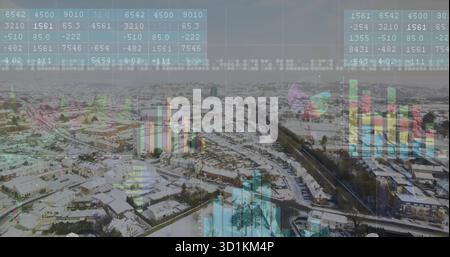 Displaying snowy suburb from aerial view, overlaying translucent bar graphs, pie chart, data grids Stock Photo