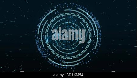 Displaying central holographic rings within virtual UI with segments data nodes and network lines Stock Photo