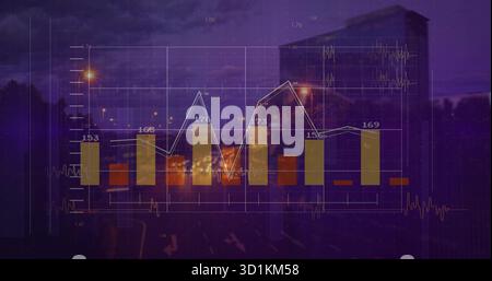 Displaying financial data overlaying street at dusk, featuring bar chart, line graph and gridlines Stock Photo