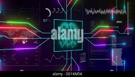 Displaying circuit-brain icon in dashboard with lines linking heatmap, gauge meter, graphs and code Stock Photo