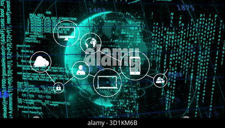 Showing network diagram pulsing code in cyberspace, with cloud globe padlock user and device icons Stock Photo