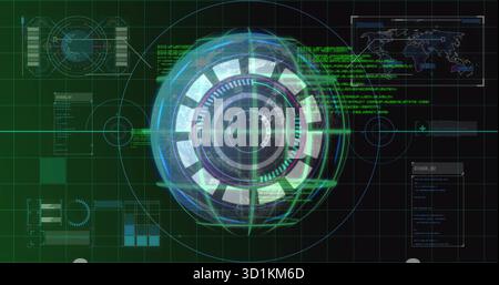 Projecting holographic orb rotating rings on console, with grid overlays, world map and data panels Stock Photo