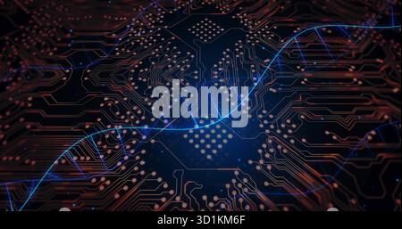 Displaying printed circuit board in digital graphic, with blue waveform tracing copper pathways Stock Photo