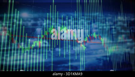 Displaying data visualization on screen, with green bars, red-and-green line and grid overlay Stock Photo