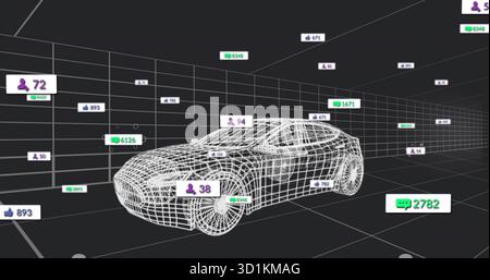 Showcasing 3D wireframe sports car model in grid environment, with floating social metric tags Stock Photo