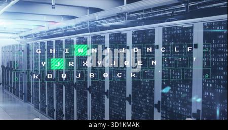 Showcasing server racks lining data center corridor, with keyboard keys and binary digits overlay Stock Photo