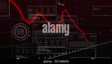 Displaying downward-trending red line graph over dark grid, with data panels and circular gauge Stock Photo