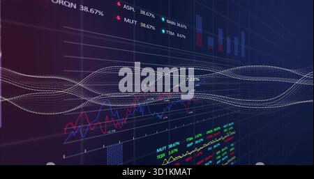 Displaying dotted waveform presenting market trends on virtual trading dashboard, with line charts Stock Photo