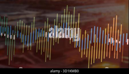 Displaying audio data waveform overlaying blurred gradient background, with colored vertical bars Stock Photo