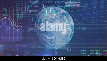 Displaying 3D Earth globe hovering over dashboard, showing line charts ticker symbols data overlays Stock Photo