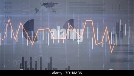 Displaying dashboard showing financial charts on screen, with orange graph and world map graphic Stock Photo