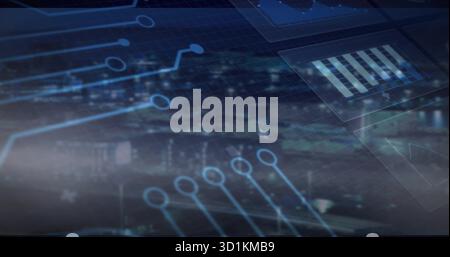 Displaying circuit overlay over night city skyline with blue traces, bar charts and node markers Stock Photo