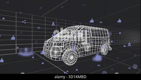 Displaying white wireframe van model over grid lines in 3D space, with floating social media icons Stock Photo
