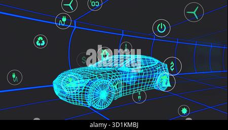 Displaying 3D wireframe car model rotating inside neon-blue grid tunnel, with floating energy icons Stock Photo