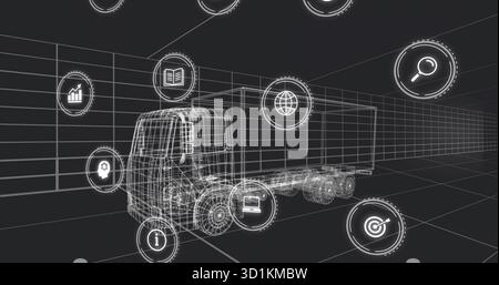 Displaying wireframe cargo truck model in virtual grid environment, showing floating digital icons Stock Photo