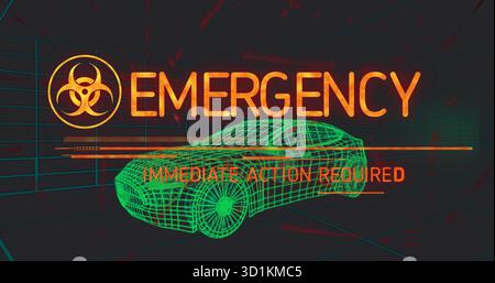 Green wireframe car showing emergency biohazard immediate action required in 3D space red glitches Stock Photo