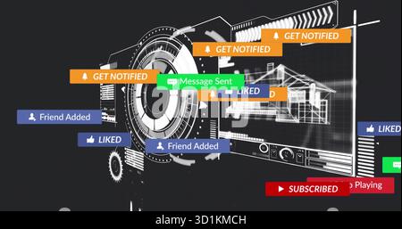 Rotating central HUD displaying notification banners in interface, with wireframe house blueprint Stock Photo
