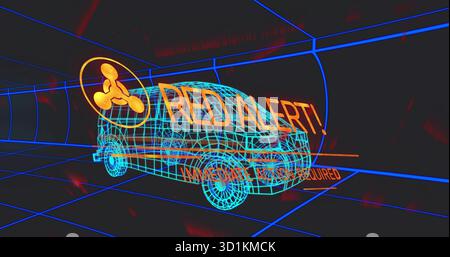 Displaying wireframe van floating in virtual grid tunnel, showing RED ALERT text and orange icon Stock Photo