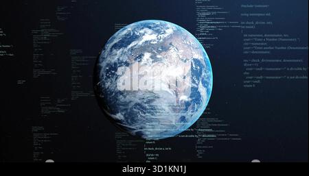 Floating digital Earth globe rotating in dark space, streaming programming code snippets Stock Photo