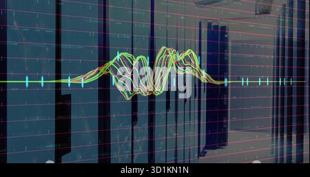Displaying colored waveform overlay across data center corridor, glass-fronted server cabinets Stock Photo