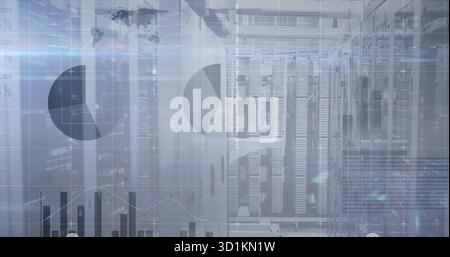Displaying central server racks operating in data center, with Ethernet cables and LED indicators Stock Photo