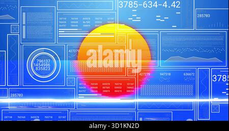 Displaying semi-circular sun graphic glowing on digital dashboard, with code panels and light flare Stock Photo