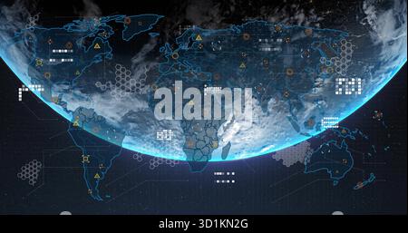 Displaying digital Earth globe rotating in space, with neon-blue outlines and data markers Stock Photo